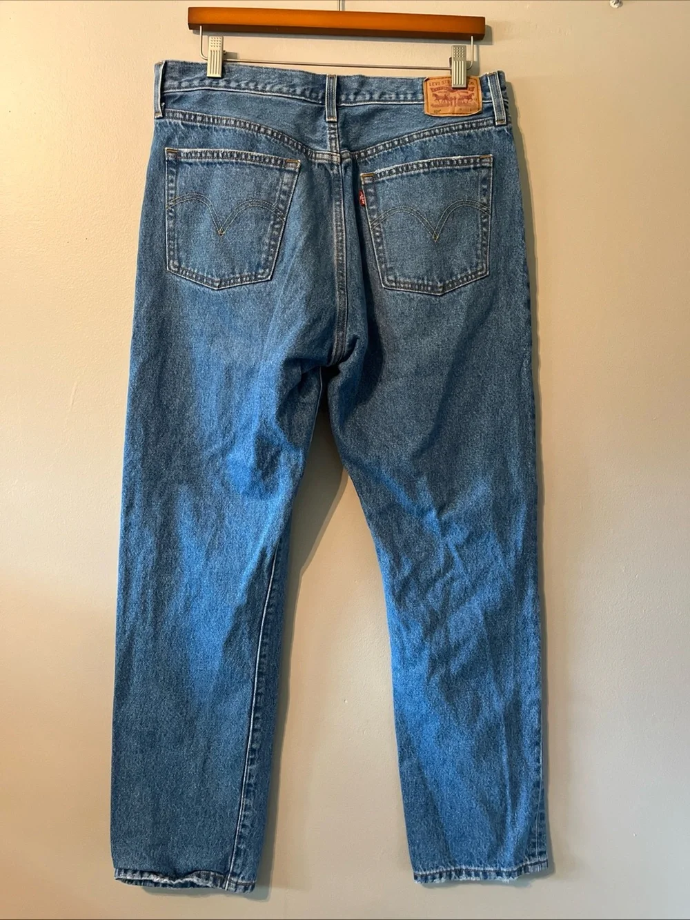 Men’s Levi Strauss 501 32X30 Distressed Button Fly Straight Leg Blue Denim Jeans